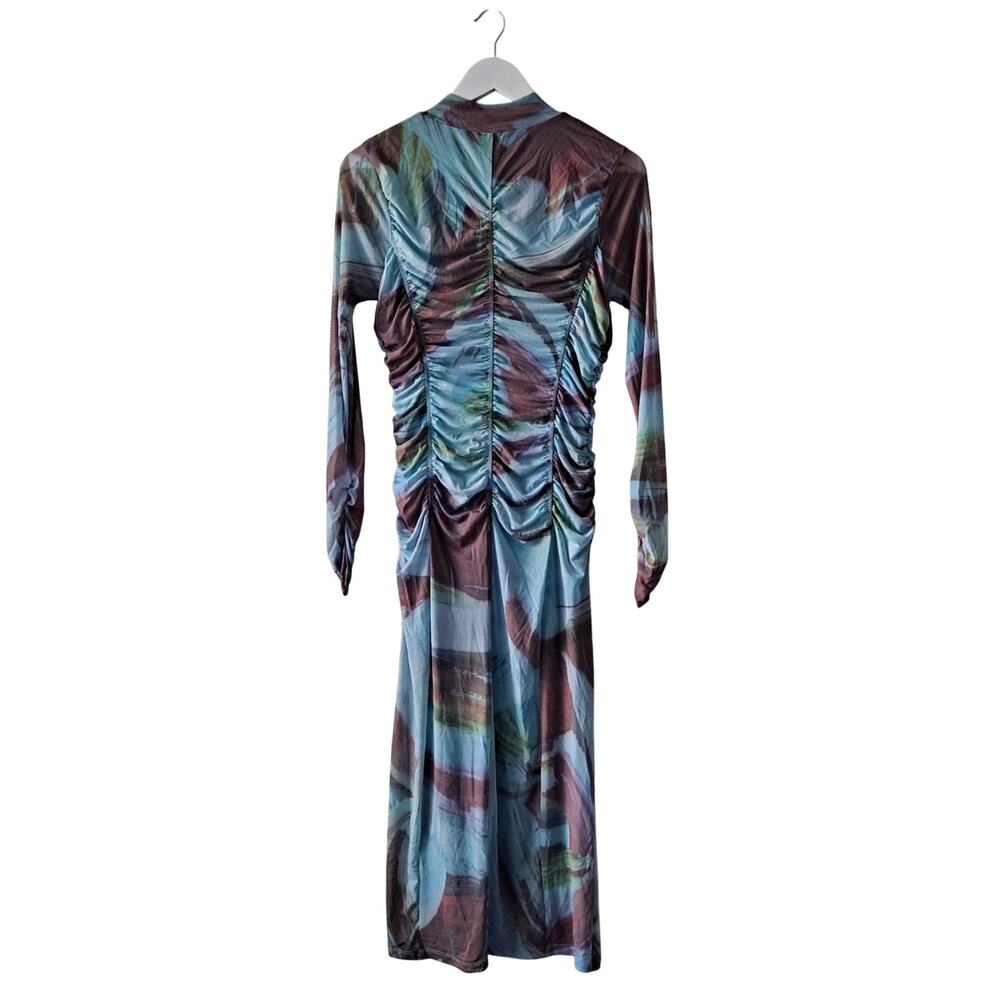 Anthropologie Printed Mesh Dress Long Sleeve Midi Bodycon Blue Brown Size M NWT - Picture 3 of 13